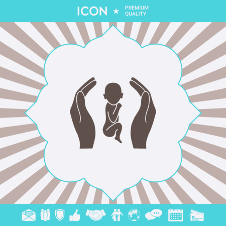 Hands holding baby, protection symbol. . Signs and symbols for your designtのイラスト素材