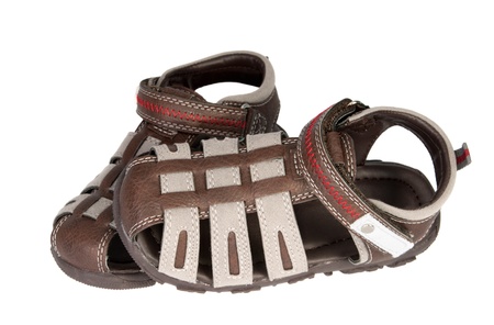 Baby boy's summer shoes on white backgroundの写真素材