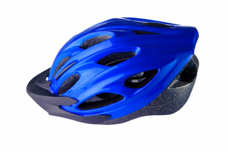 Blue cycling helmet on a white backgroundの写真素材