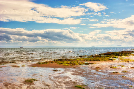 Coastal landscape at low tide in Scotland, UK. The town of Kirkcaldyの写真素材