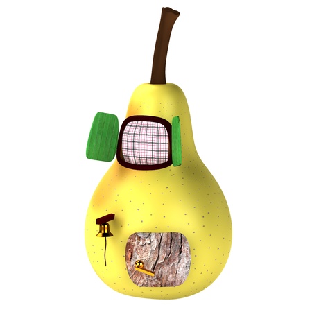 3d light yellow pear house isolated on whiteの写真素材
