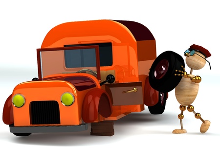 3d wood man change orange truck tire isolated on whiteの写真素材