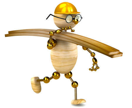 3d wood man carrying lumber isolated on whiteの写真素材