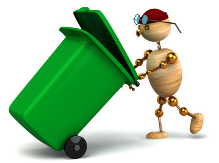 3d wood man pulling green waste container on whiteの写真素材