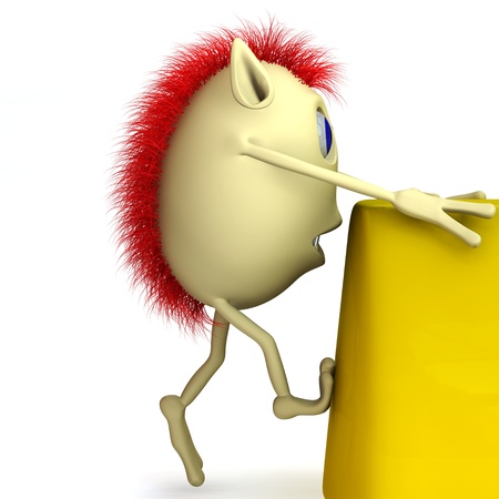 3d character puppet is climbing on the yellow surfaceの写真素材