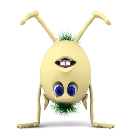 3d character puppet stand on the head on whiteの写真素材