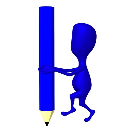 One 3d puppet hold big pencil from fallの写真素材