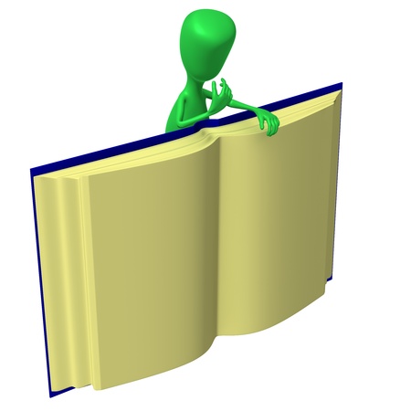 Side view one 3d puppet behind big bookの写真素材