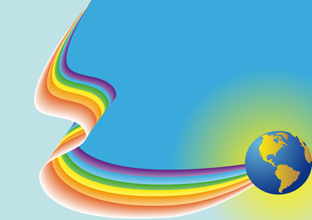 blue background with vector image of the globe and ribbon all color rainbowsのイラスト素材
