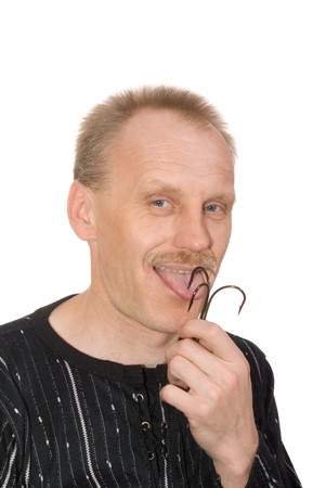 man with fishing hook on white backgroundの写真素材