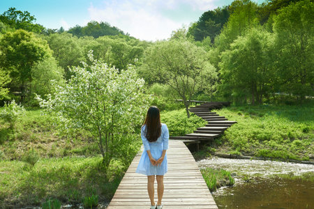 Beautiful view of nature with woman in blue skirt with her hands held back looking into the sky reminiscing memories of the past on a bridge that goes over a small pond.の写真素材