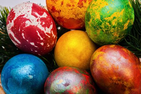 Easter eggs decor closeup background multicolore eggの写真素材