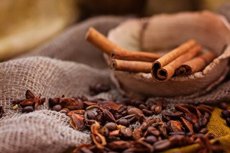 Tea cinnamon coffee pottery in the sunの写真素材