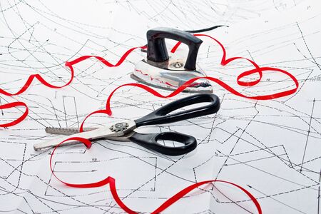 scissors drawing Iron . The concept of sewing.の写真素材