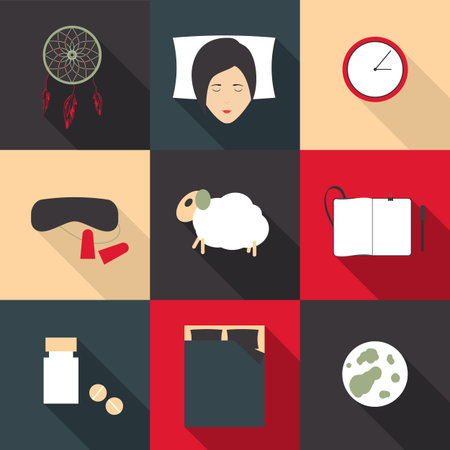 Set of colored icons on a theme of deep sleep in a flat style with shadowのイラスト素材