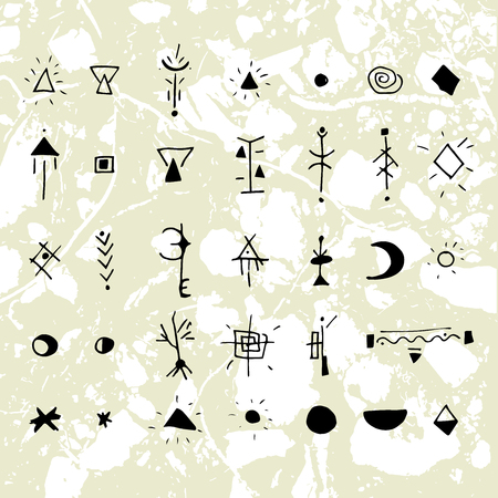 The mystical signs and symbols. Design elements. Hand drawing graphics with texture units in the background.のイラスト素材
