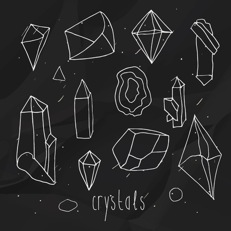 Geometric polygonal crystals in mono line hand draw style on a black textured background.のイラスト素材