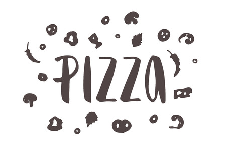 Pizza lettering with hand drawn elements of pizza. Ink illustration. Modern brush calligraphy. Isolated on white background.のイラスト素材