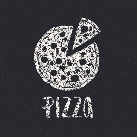 Pizza lettering with hand drawn pizza circle. Ink illustration. Modern brush calligraphy. Isolated on white background. Texture.のイラスト素材