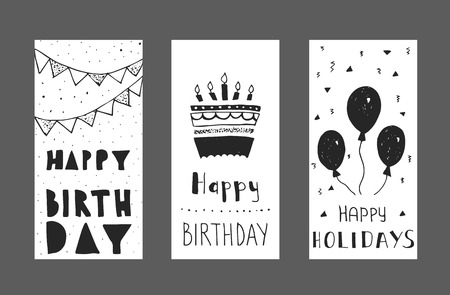 Set of birthday greeting cards design. Hand-drawn ink graphics.のイラスト素材