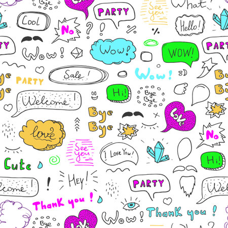 Hand-drawn speech bubble and elements seamless pattern. Color print on white backgroundのイラスト素材