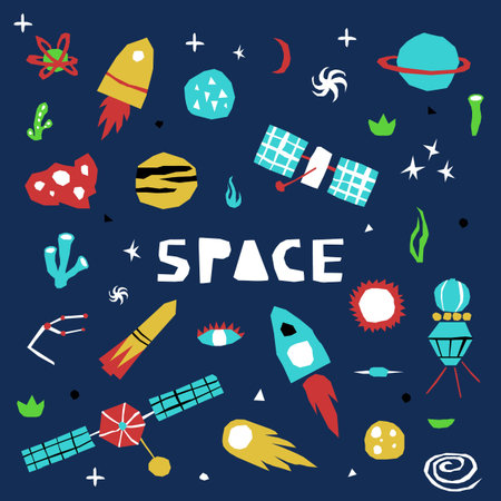 Cutout style space icons set. vector illustration. Color print on dark blue background