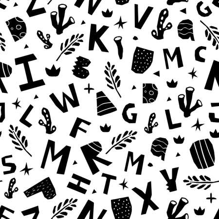 Cutout dino type seamless pattern. vector illustration. Black print on white backgroundのイラスト素材