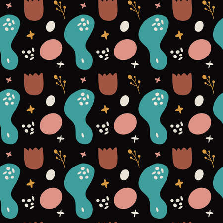 Abstract floral seamless pattern. Color print on black background. vector illustrationのイラスト素材