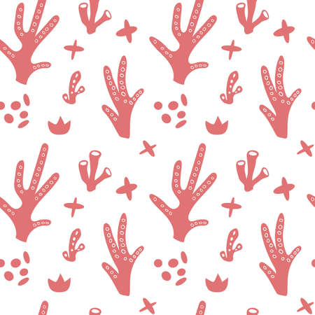 Corals seamless pattern in hand-drawn style. Pink print on white background. vector illustrationのイラスト素材