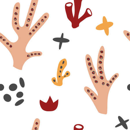 Corals seamless pattern in hand-drawn style. Color print on white background. vector illustrationのイラスト素材