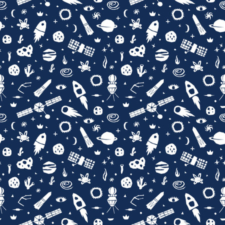 Space exploration seamless pattern in cutout style. vector illustration. White print on dark blue...