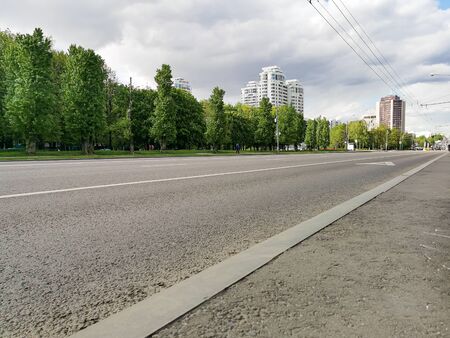 Lane for public transport. Empty roads in the city during quarantine.の写真素材
