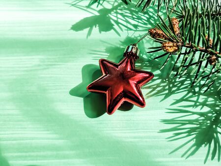 A close-up of a Christmas star and fir branches with a beautiful emerald background and soft shadows. The concept of family preparation for decorating the house for Christmas. Selective focus.の写真素材