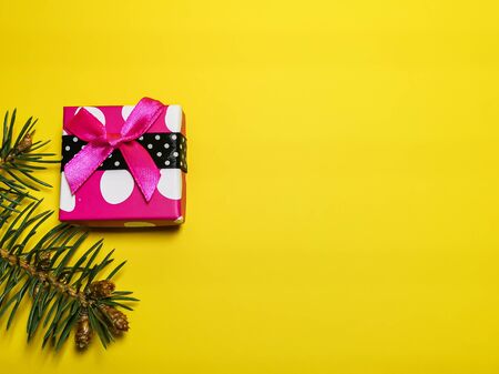 Close-up of a bright pink gift box white polka-dot with a scarlet ribbon with coniferous branch and cones on a yellow background. Space for your text. Image with selective focus and noise effects.の写真素材