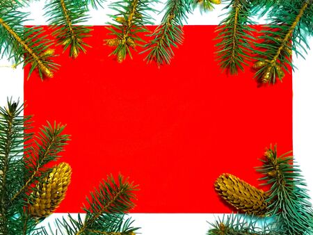 Christmas red background with coniferous branches and cones. Photo with empty space for text and design.の写真素材
