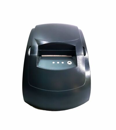 Cash register for printing checks isolated on a white background. A printer for printing cash receipts from a terminal or a computer. Inexpensive cash register for small businesses. Front view.Cash register for printing checks isolated on a white background. A printer for printing cash receipts from a terminal or a computer. Inexpensive cash register for small businesses. Front view.の写真素材