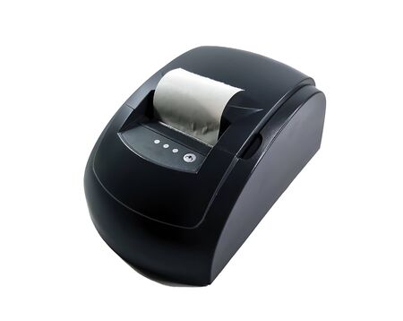 Cash register for printing checks isolated on a white background. A printer for printing cash receipts from a terminal or a computer. Inexpensive cash register for small businesses. Side view.の写真素材