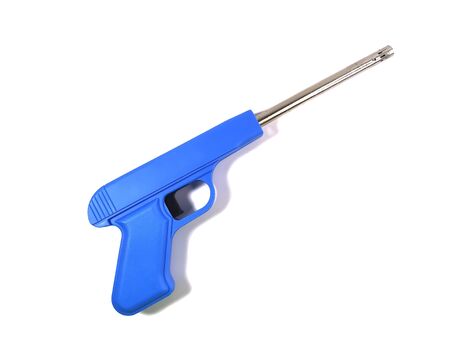 Gun Shaped Electric Spark Lighter with blue body isolated on white background. Household lighter for gas stoves in the kitchen with a push-button switch. Spark Igniters Technology. Kitchen utensils.の写真素材