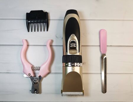 Electric pet clipper, grooming scissors and emery board for pet on a light wooden background. Grooming tools for the hygienic care of pets cats and dogs.の写真素材