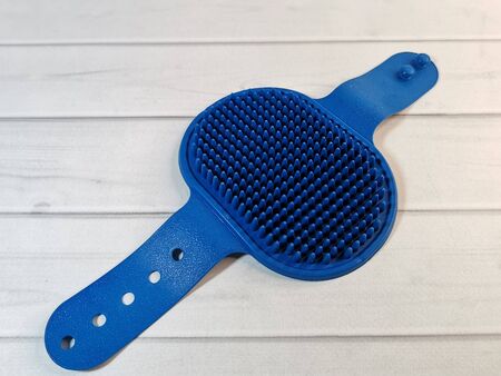 Soft blue rubber massage brush for animals. Pet care accessories. Hand-held massage brush to remove excess hair from dogs and cats during moltingの写真素材