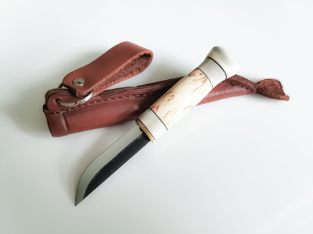 A hunting knife with a short blade and a bone handle with a leather case on a white background....