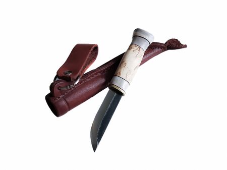 A hunting knife with a short blade and a bone handle with a leather case on a white background. Items for hunting and fishing, souvenirs for men, a symbol of masculinity. Selective focus image.の写真素材
