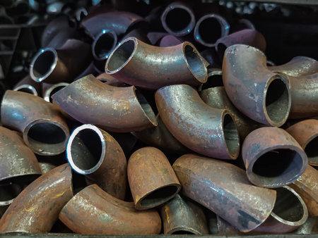 Bent pieces of rusted metal pipes in a metal workshop. Steel welding fittings, elbows. Locksmith and...