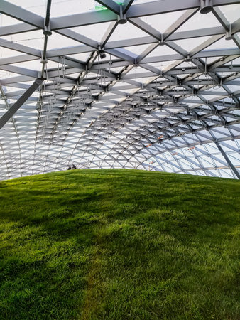 Moscow / Russia - 08/11/2017: Glass stained ceiling Moscow Zaryadye Concert Hall. Modern architecture. Detail of facade construction in modern building.のeditorial素材