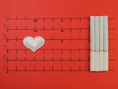A white heart and cigarettes lies on a printout of the results of a cardiogram on a red background....