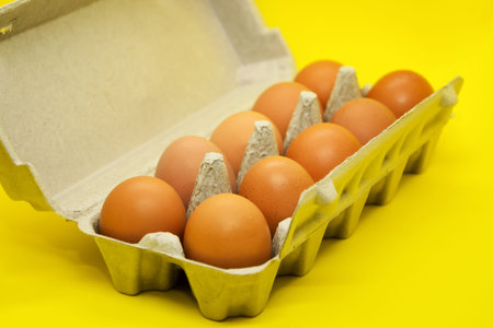 Ten fresh brown chicken eggs in recycled paper tray on bright yellow background. Eco-friendly...