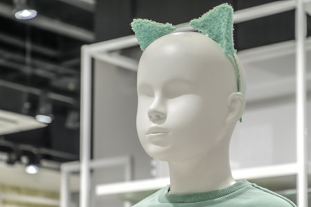 Close-up of head of baby mannequin of white plastic, wearing headband with mint ears. Children's clothing store, carnival costume, cosplay. Children's fashion industry.の写真素材