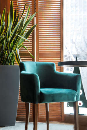 Cozy interior of City Cafe - emerald green armchair, indoor plants, wooden partition, table by the window. Details of modern design of coffee shop. Use of indoor plants in interior.の写真素材