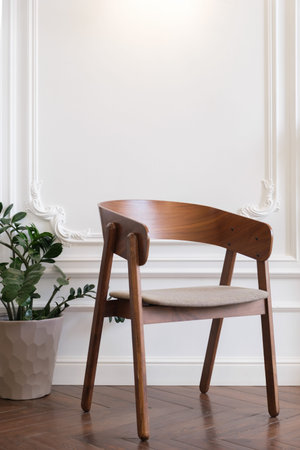 Empty chair with a soft seat and a hard back against a white stucco wall. Cozy room decorated with plants. Reading area in the living room. Vertical imageの写真素材