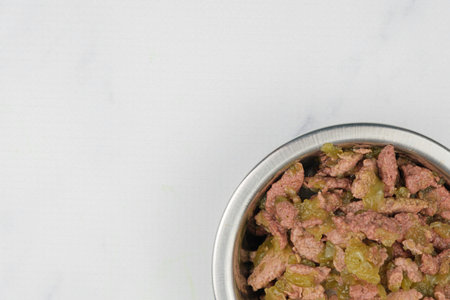 Canned wet pet food with vegetables and spinach in a deep metal bowl. Balanced nutrition for dogs...
